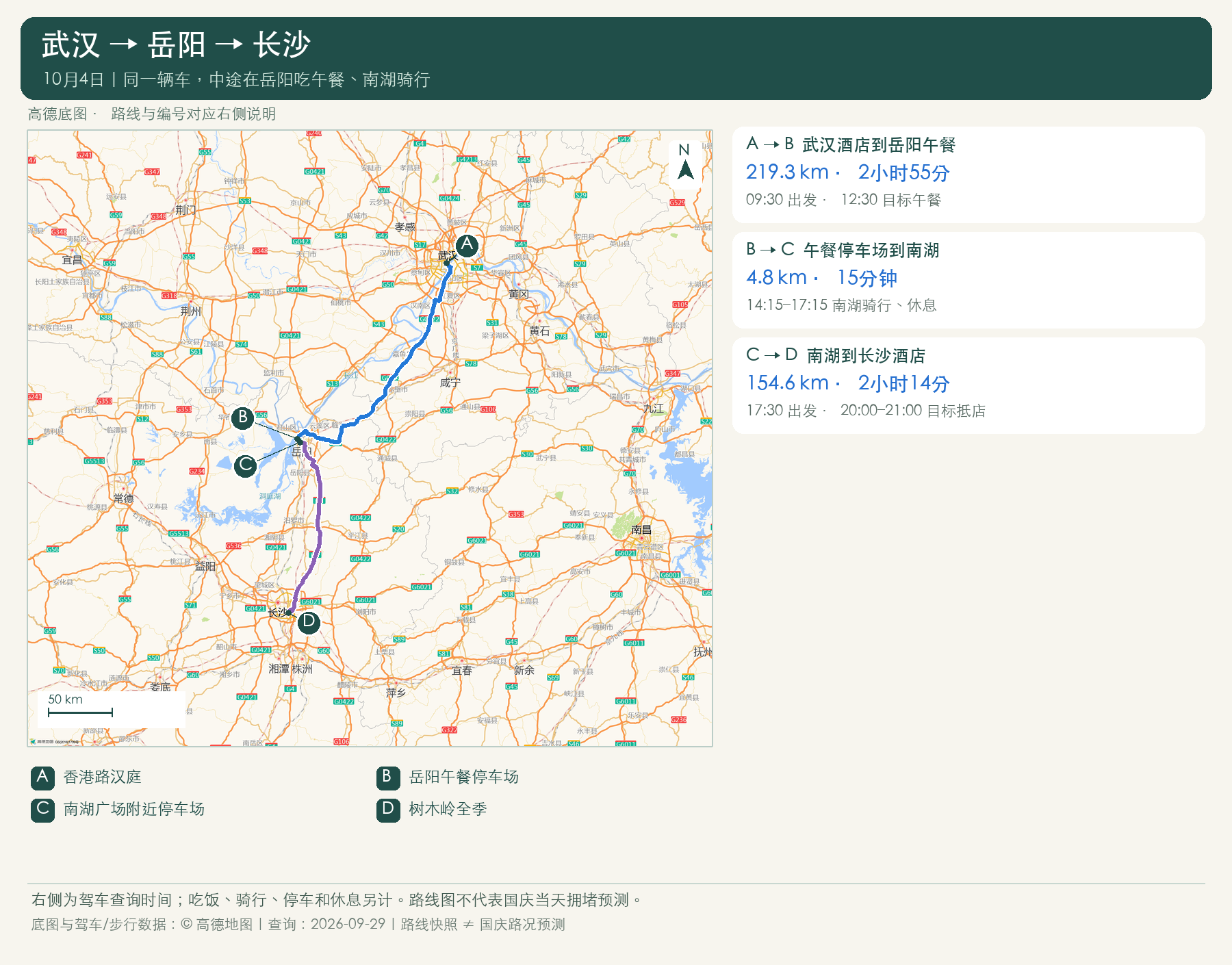 武汉 → 岳阳 → 长沙路线距离图